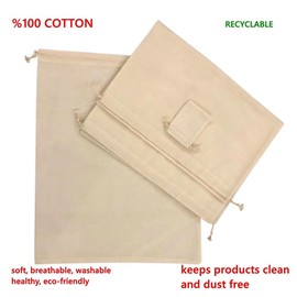 Cotton Shoe Bag Set (3 Large + 1 Small) - Very Versatile Travel, Storage & Dust Protection Bags - Washable, Breathable, Portable Pouch for Shoes, Clothes, Jewelry - Ideal for Travel and Home