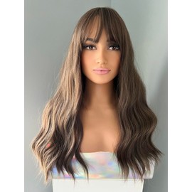 The Extension Room Long Wavy Wig with Bangs, Brown Hair, 22 Inch, Natural Looking Wave Style