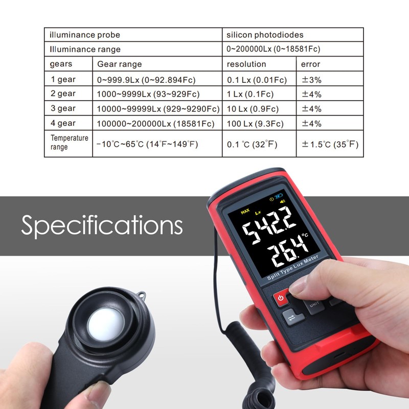 Light Meter Digital Illuminance Meter with Ambient Temperature Measuring and