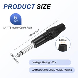 MECCANIXITY 5 Pcs 1/4" Audio TS Plug, 6.35mm Mono Male Plug Cable Connector, TS Male Audio Cable Adapter for Speaker, Microphone, Guitar, 3.54" Black