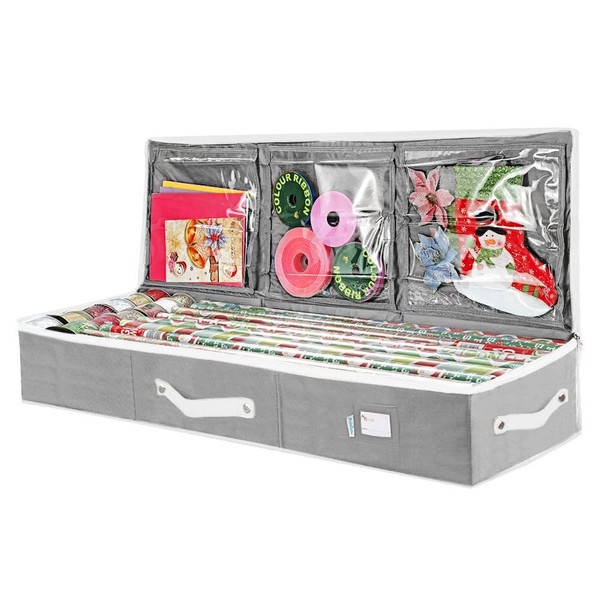 Primode Wrapping Paper Storage Container | Gift Wrap Organizer Under Bed 41”x14”x6” Box Holder for 18-24 Rolls Up to 40” | 600D Oxford Material | Pockets for Ribbon Bows (Grey)