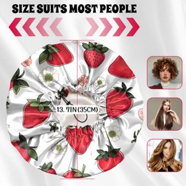 BHAHB Luxury Shower Cap Reusable Waterproof Double Layer Elastic Adjustable Satin Lined Hair Bath Cap Cute Aesthetic Women Girls (F2-Strawberry)