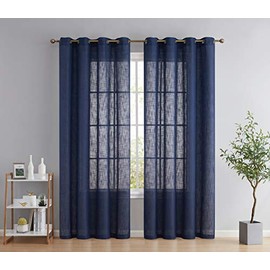 HLC.ME Abbey Faux Linen Textured Semi Sheer Privacy Sun Light Filtering Transparent Window Grommet Long Thick Curtains Drapery Panels for Bedroom & Living Room, 2 Panels (54 W x 96 L, Navy Blue)