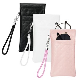 RETON 3 PCS Double Eyeglasses Case with Carrying Strap, Pink Black and White Color Sunglasses Pouch Soft Portable PU Leather Case for Women Men