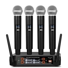 Depusheng DX4 Wireless Microphone, Professional 4 Channels Karaoke Handheld System for Home Karaoke, Meeting, Party, Church, DJ, Wedding, Home KTV Set