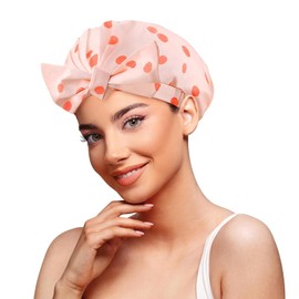 1 PCS Waterproof Reusable Shower Cap, Elastic Adjustable Large Bathing Accessory for All Hair Types Orange Dot Pattern for Shower, Cooking, Spa