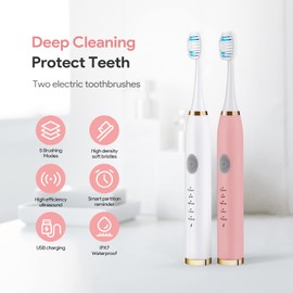 VANTREEGAO Electric Toothbrush 2 Pack, Travel Electric Toothbrush for Adult Includes 10 Replacement Brush Heads, 5 Modes, 2 Hours Charge for 60 Days (White & Pink, 2 Pack)