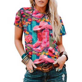 UNIQUEONE Boho Western Cowgirl Shirts for Women: Vintage Western Rodeo Graphic Tee Cowgirl 3D Digital Printing Short Sleeve Tops