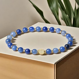 SaDiao Stretch Bracelets 6MM natural Gemstone with 18K White Gold ball Bracelet (Blue Aventurine)