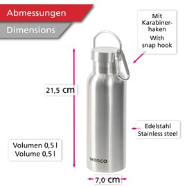 wenco Stainless Steel Water Bottle 0.5 L / 500 ml Insulated and Leak-Proof for Cold and Hot Drinks Can Also Be Used as a Thermos Flask - With Tea Strainer - Dishwasher Safe BPA Free - Silver