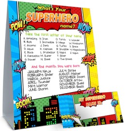 Cidobi What's Your Superhero Name Game, Birthday Party Game Set, Including 1 Superhero Name Game Double Sided Sign and 30 Name Stickers, Superhero Birthday Party