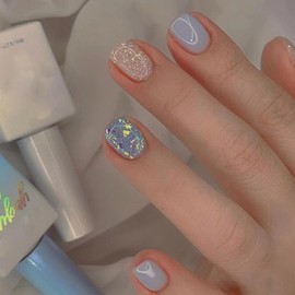 24 Pcs Solid Color Press on Nails Short Pink Blue Glittering Powder Fake Nails Glue on Nails Reusable Light Blue Artificial Nails Set for Women Nail Decoration