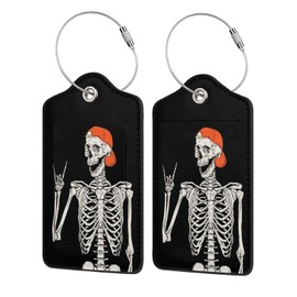 2Pack Funny Skull Luggage Tags Privacy Cover ID Label with Stainless Steel Loop and Address Card for Travel Bag Suitcase Funny Cute Man Women Kids Horror Terror Skeleton