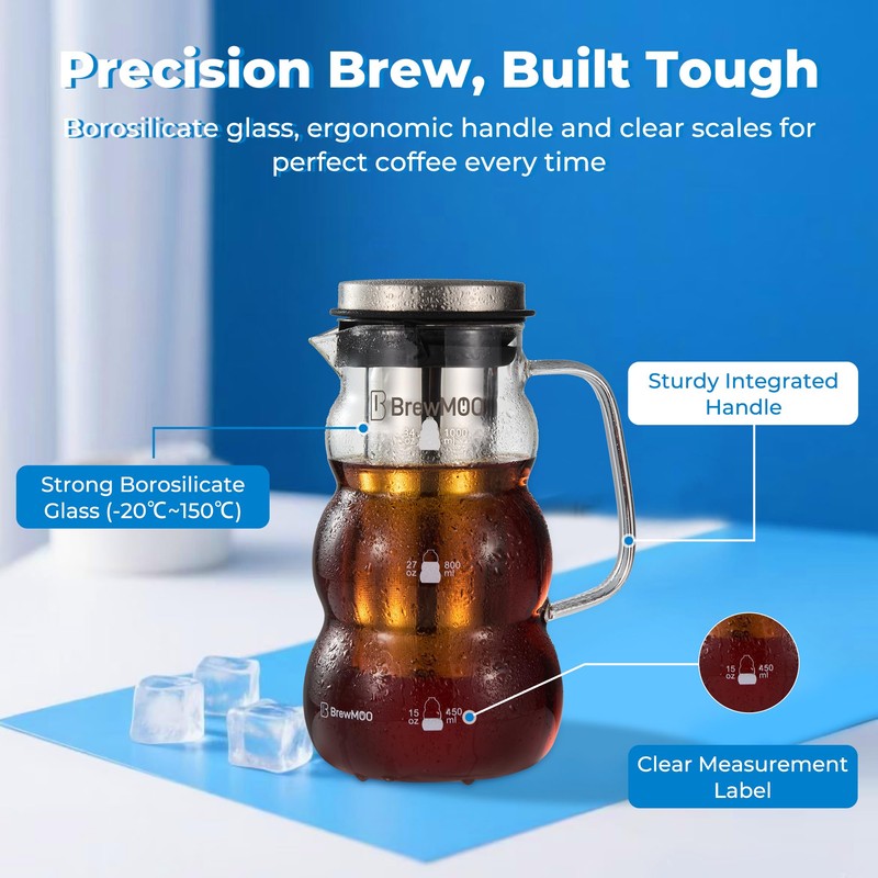 BrewMOO Cold Brew Coffee Pitcher (1.0L/34oz) - Elegant Sleek Wave