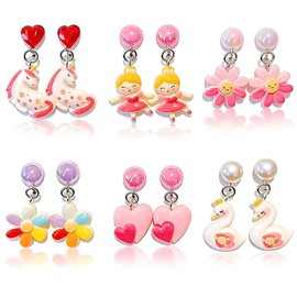 6 Pairs of Children's Clip-On Earrings, Colourful Ear Clips Without Pierced Ears, Girls Clip Earrings for Everyday & Birthday Parties, Unicorn, Flower, Heart, Swan