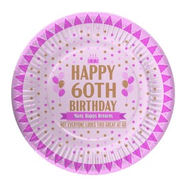 60th Birthday Paper Plates Pack of 12 - Disposable Plates Large 23.7cm (9.33 Inches) Party Plates for 60th Birthday Decorations - Happy Birthday Tableware for Men Women - Looks Great - Pink