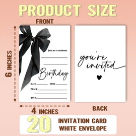 Ogleqoo Black Bow Birthday Invite, 20 Fill In Style Invitation Cards with Envelopes, Girls' Party Favors & Decorations (4''x 6'')