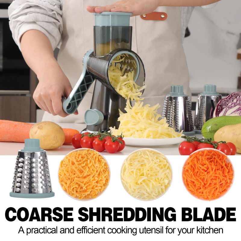 Cheese Grater Cheese Shredder with 3 Interchangeable Blades, Rotary Cheese