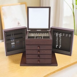 WANLECY Large Wooden Jewelry Box 5 Layers Jewelry Storage with Mirror and 4 Drawers Gift for Women and Girls Necklace Ring Storage Box (Coffee+Carving)
