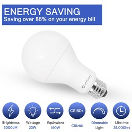 23W Super Bright LED Bulb, A21 Dimmable LED Light Bulb, Stable Heat Dissipation, 2,5000 Hour Lifespan, 3000 High Lumen, 150-200 Watt Equivalent, 5000K Daylight, E26 Porch Light Bulb, 4-Pack