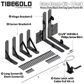 TIBEGOLD Anti Sag Gate Frame Kit, Heavy Duty Gate Corner Brace Brackets, Gate Hardware Kit with Self-Locking Gate Latch for Outdoor Wooden Fences, Driveway Gates, Shed Doors, Corral, Black, 1 Set