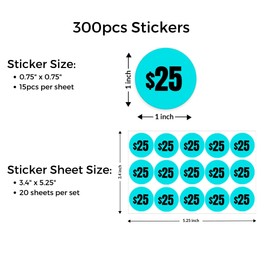 Mobiusea Creation 300pcs $25 Price Stickers | 25 Dollar Price Tags Labels | Bright Blue Color with Black Text | 1" in Diameter | Preprinted Price Labels | Garage Sale Stickers