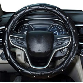 Diamond Steeing Wheel Cover for Women,Leather Bling Cute Car Steering Wheel Cover Universal 15inch with Crystal Diamond (Black)
