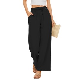 KICZOY Women Summer Pants Flowy Pants Drawstring Waist Wide Leg Palazzo Beach Pants Loose Fit with Pockets Black