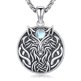 Wolf Pendant Necklace 925 Sterling Silver with Moonstone, Vintage Celtic Viking Amulet Jewelry for Women & Men, 22mm Round Pendant, 20+2 Inch Chain