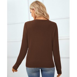QUALFORT Women's 100% Cotton Sweater Crewneck Long Sleeve Knitted Sweaters Brown Medium