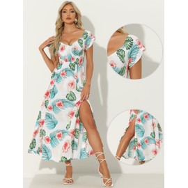 Allegra K Maxi Smock Dresses for Women's Beach Off Shoulder Floral Dress Medium White