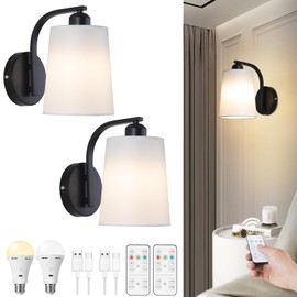 HOJOYRI Black Battery Operated Wall Sconces Set of 2, Rechargeable Wireless Wall Lights with Remote, Non Wired Cordless Dimmable Battery Powered LED Wall Lamp Lighting Fixture for Bedroom, Living Room