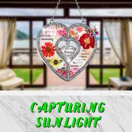 Heart Shaped Butterfly Suncatcher with Pressed Flower for Mom Glass Wind Chime Ornament Charm Grandma Birthday Christmas (Pink, Nana)