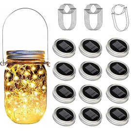 ostritec Solar Mason Jar Lights Lids, 12 Pack 30 Led Fairy Lights(Jars Not Included), Outdoor Hanging Mason Jar Solar Lights, Fairy in a Jar Firefly Lights for Patio Garden Table Christmas Decor