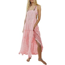 Leyoutx Women's Laced Embroidered Tulle Boho Dress Casual Loose Adjustable Straps Bib Maxi Dress (Small, Pink)