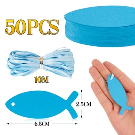 BOFUNX Pack of 50 Gift Tags Christening Fish Shape Labels Tags Communion Gift Tags with 10 m Satin Ribbon for Christening Communion Confirmation Guest Gifts