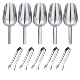 5Pcs Ice Tongs and 5Pcs Stainless Steel Measuring Scoops, Serving Tongs Food Scoops Set for Sweet Candy Coffee Ice Bucket Bar Kitchen Wedding Birthday Party