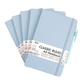 5 Pack Notebooks Journals Bulk with 5 Black Pens, Feela A5 Hardcover Notebook Classic Ruled Lined Journal Set with Pen Holder for School Business Journaling Note Taking, 120 GSM, 5.1âx8.3â, Light Blue