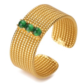 MRW Natural Jade Rings for Women Open Design S925 Silver with Gold Plating Ring Wide Strip Textured Styling Elegant Jade Jewelry for Women