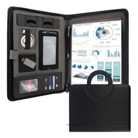 GraduationMall A4 Writing Case with Clipboard - Black Portfolio Padfolio with Hidden Handle - Zip + PU Leather - Document Folder for Business