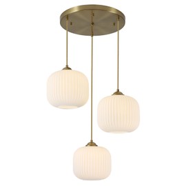 KCO Lighting 3 Light Cluster Chandelier Gold Pendant Light White Ribbed Glass Pendant Light Large Globe Ceiling Pendant Light Fixture Antique Brass Chandeliers for Dining Room Kitchen