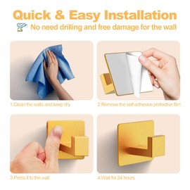 PMMASTO Adhesive Hooks Towel Hooks - 2 Pack Aluminum Wall Hooks Towel Hanger Shower Hook for Bathroom, Bedroom and Kitchen-Gold