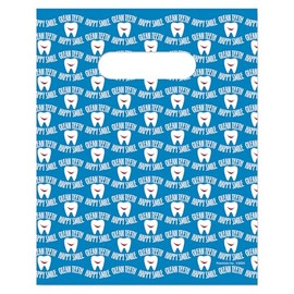 Practicon Happy Smile Clean Teeth 8" x 10" Dental Giveaway Bag, Dental Hygiene Patient Care Goodie Bag, Dentist Office Plastic Gift Bags, 100 Pack