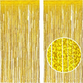 LUXURALS Tinsel Curtain Gold with Glitter, Pack of 2, 1 x 2 m, Party Curtain or Photo Background for Parties, Glitter Curtain, Tinsel Gold Foils, Fringe, Baby Shower Decoration, Baby Shower Decoration