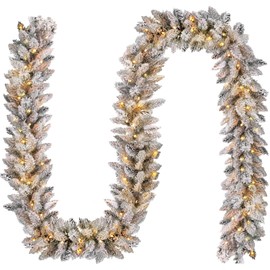 KOIUEYW 9 FT Flocked Garland - With Lights,Snow Flocked Prelit Christmas Garland,Glittered Pre Lit Frosted Garland for Mantle with Warm White LED Light for Indoor Mantle Outdoor Door Decorations, 9 FT