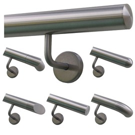 Stainless Steel Handrail, 42.4 mm Diameter, With Angled Bracket & Various End Pieces (Flat, Curved, Semi-Circular, Arch, Corner, Diagonal)