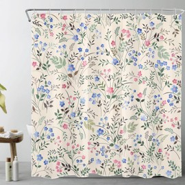 AUEEA Blue and Pink Wildflower Shower Curtain for Bathroom Green Plant with Floral Shower Curtain Aesthetic Cottagecore Botanical Beige Shower Curtain Set with Hooks,72x72 inch