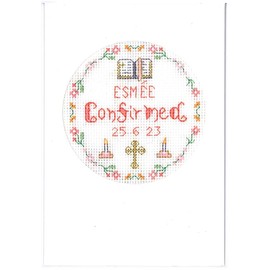Pink Confirmation Card with Beads - Complete Cross Stitch kit on 16 aida with Colour Chart