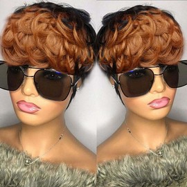 Flandi Pixie Cut Wig Human Hair Short Wigs for Black Women Human Hair Glueless Pixie Cut Glueless Wig Short Wigs Natural Curly with Brown R1B/30