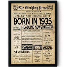 Stuff4 90th Birthday Poster Framed - Born In 1935 Vintage Newspaper - Happy 90th Birthday Gifts for Women Men Retro Back In 1935, 8x10 Inch Ninety Ninetieth Decor Decoration Bday Party